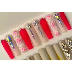 Extra long square press on nails red matte acrylic flowers pink nude rhinestones